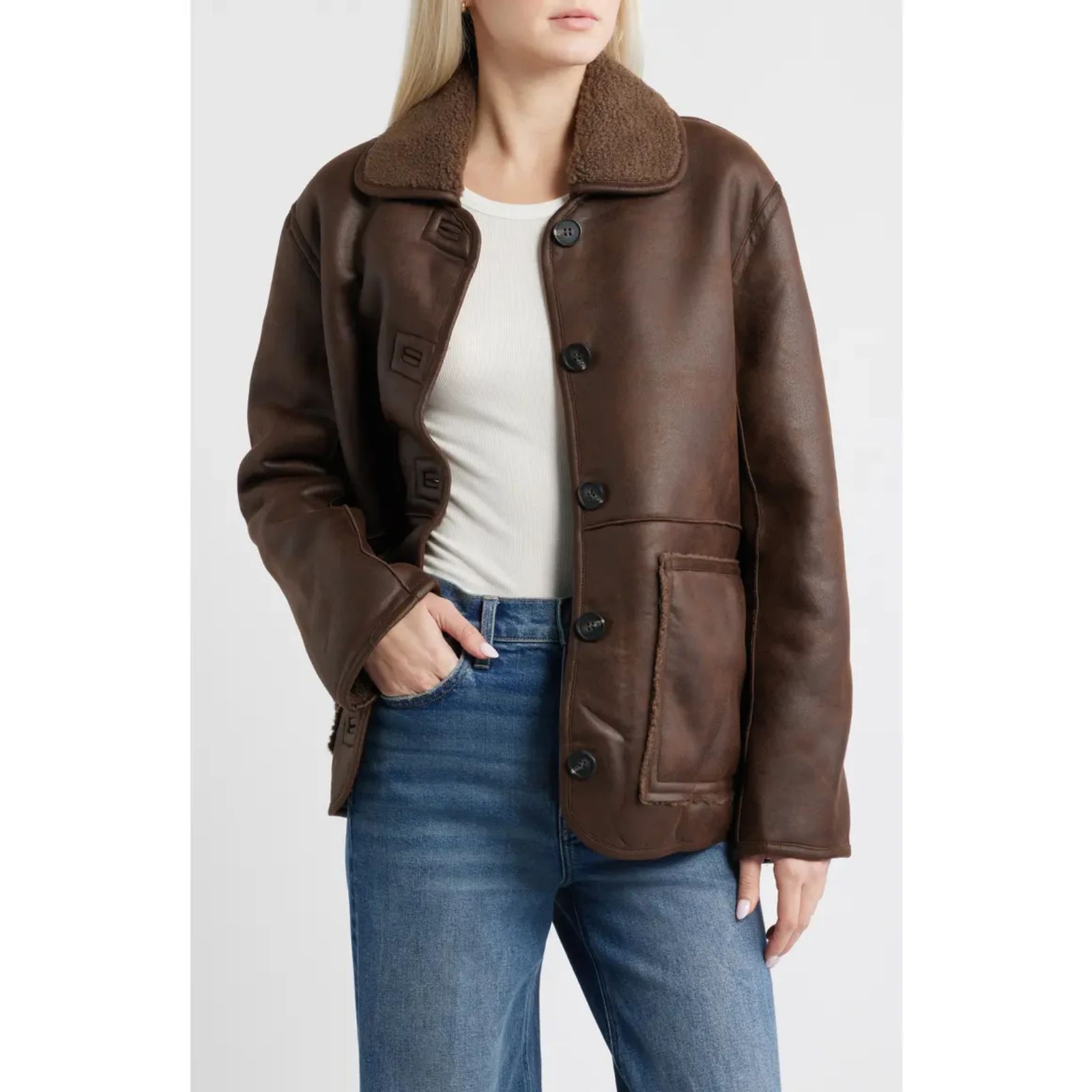 All In Favor Nordstrom Reversible Faux Leather Shearling Jacket Dark Brown S Diy